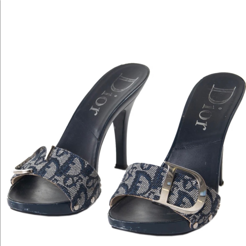 Christian Dior trotter mules with large silved toned CD details.